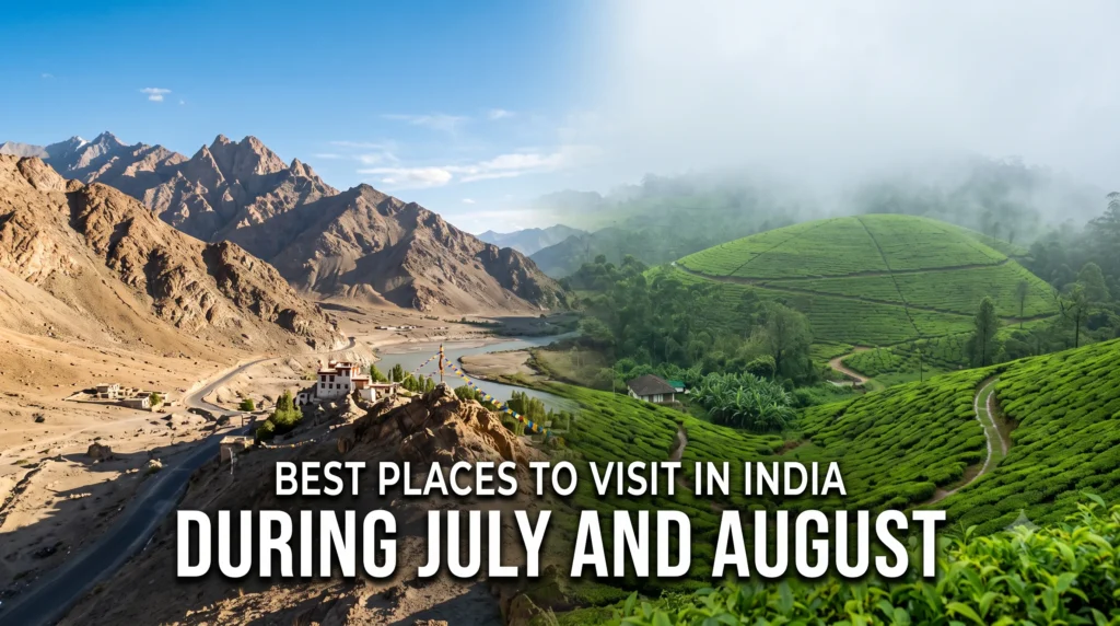 Panoramic travel blog banner showing the contrasting landscapes of misty green tea gardens and sunny Himalayan mountains, with the overlay text reading "Best Places to Visit in India During July"