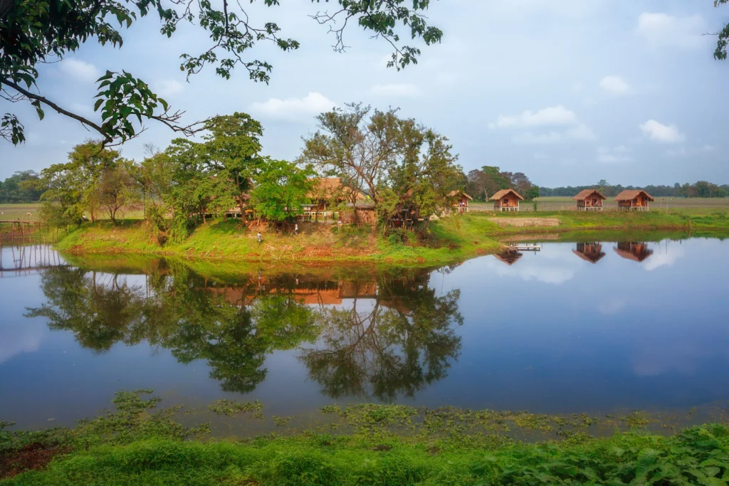 Scenic wetland marshes and tribal villages in Majuli river island during July